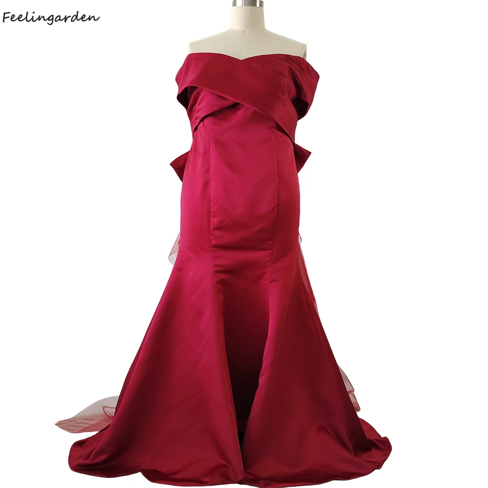 

Feelingarden Evening Dress Burgundy Boat Neck Floor Length Mermaid Bow Lace Up Satin Tulle Plus Size Women party Dresses XE033