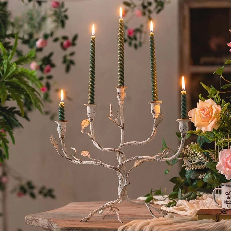 

Vintage Iron Multi Heads Floral Candle Holder Retro Candlestick Ornaments for Home Decors Room Wedding Interior Decoration