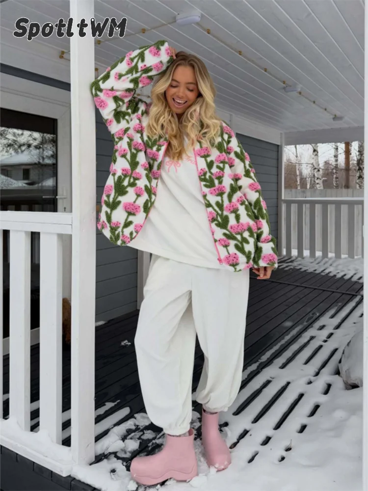 Women's 3d Floral Fleece Jacket Open Front Cropped Pink Flower Embossed Fuzzy Coat Casual Long Sleeve Warm Street Outerwear