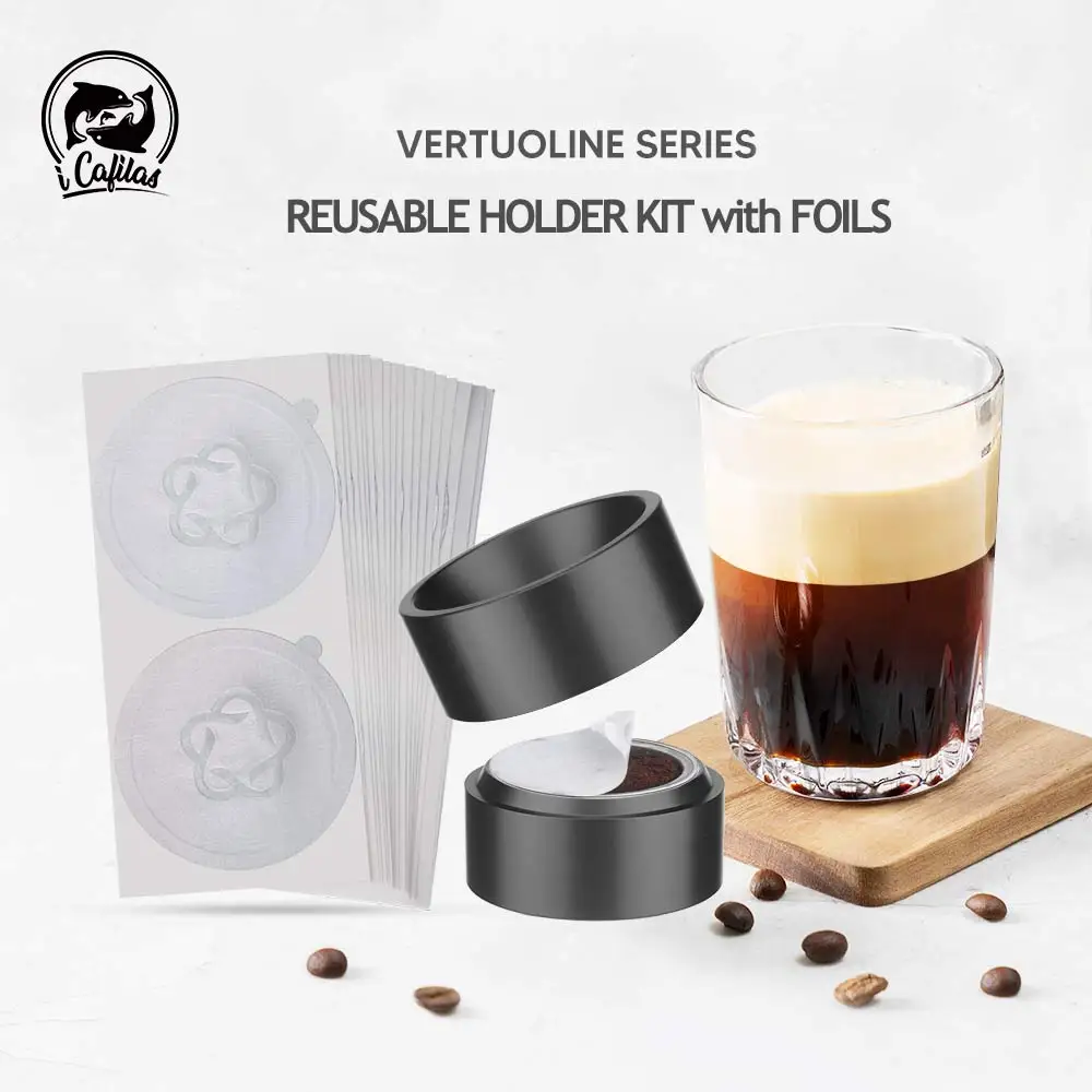 

NEW icafilas Reusable Vertuo Capsule Holder Refill Kit for Nespresso Vertuoline Pod with 100 Pcs Aluminum Foil Seals