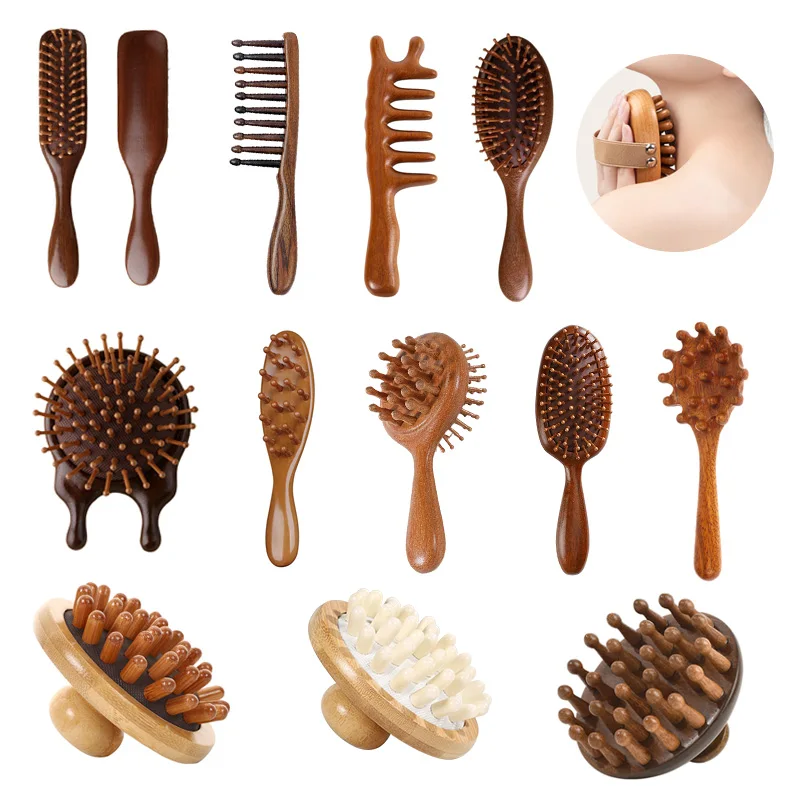 1Pc Double-Sided Meridian Comb Scalp Therapy Massage Comb Head Caring Natural Wood Round Handle Comb Scraping Body Massager