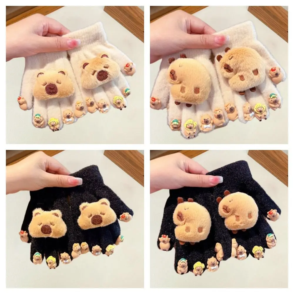 

Gift Keep Warm Cartoon Capybara Gloves Plush Cute Five Finger Gloves Thicken with Nail Polish Winter Children Gloves Cycling