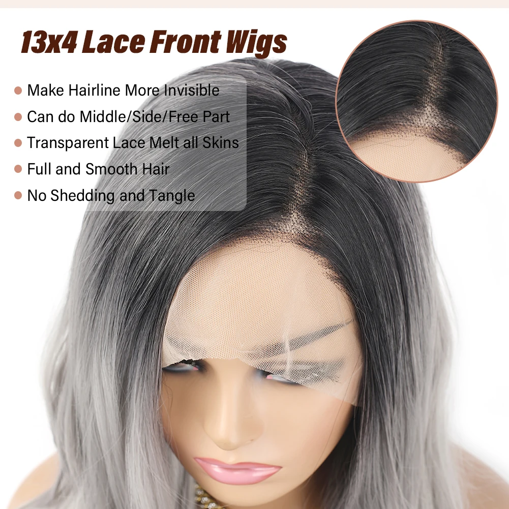 Peluca de encaje sintético de mezcla negra y gris ondulada de cuerpo largo de 26 pulgadas para mujeres pelucas resistentes al calor de línea de cabello Natural de encaje transparente 13 × 4