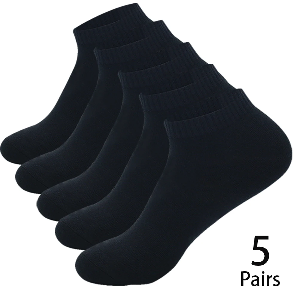 5 Paar Herren-Knöchelsocken aus Baumwolle, Schwarz, Einfarbig, Dünn, Atmungsaktiv, Komfortabel, Hochwertig, Schwarz-Weiß, Niedrig Geschnittene Kurzsocken
