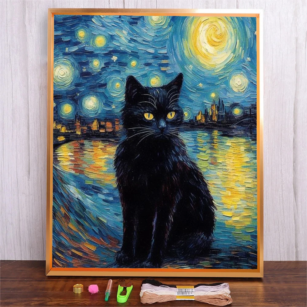 Cartoon Diy Animal Cat Pre-Printed 11CT Cross-Stitch Embroidery Full Kit Threads Painting Craft Knitting For Living Room Decor