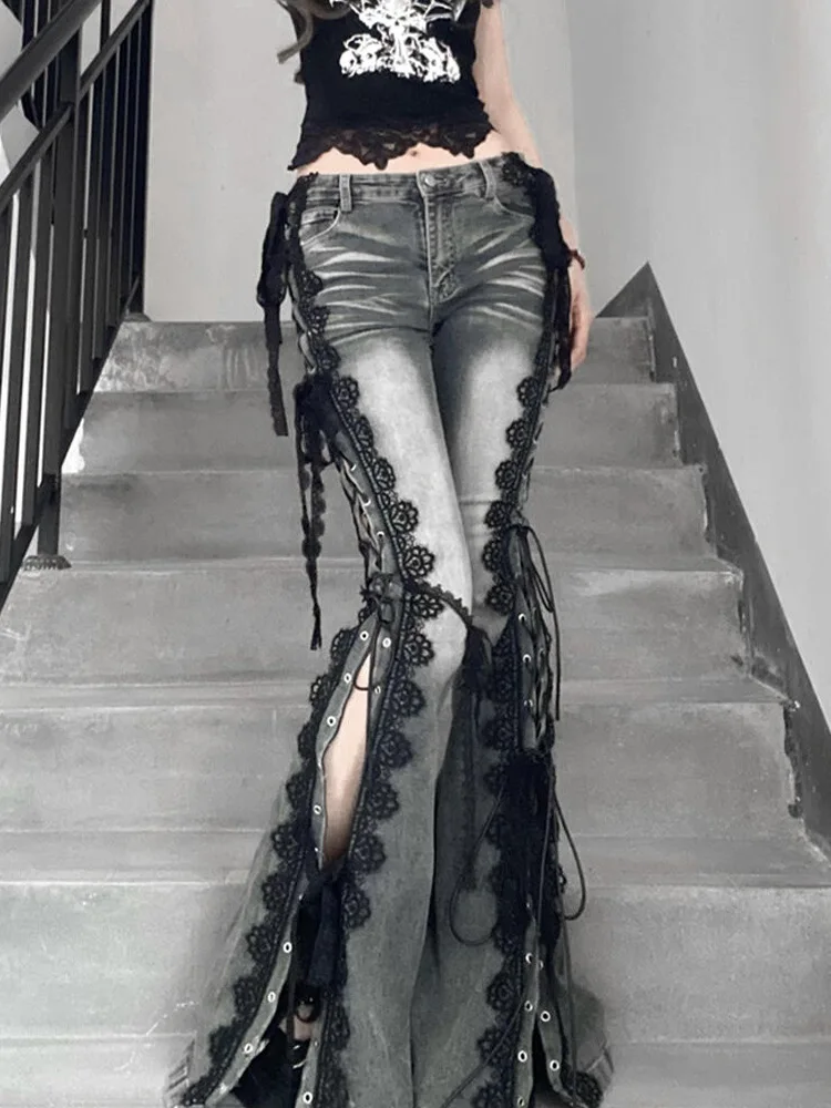 الرجعية الثقوب الدانتيل يصل مضيئة الجينز غرزة الدانتيل شعيرات ضئيلة منخفضة الارتفاع سبليت Bootcut السراويل النساء جرس قيعان الشارع الشهير
