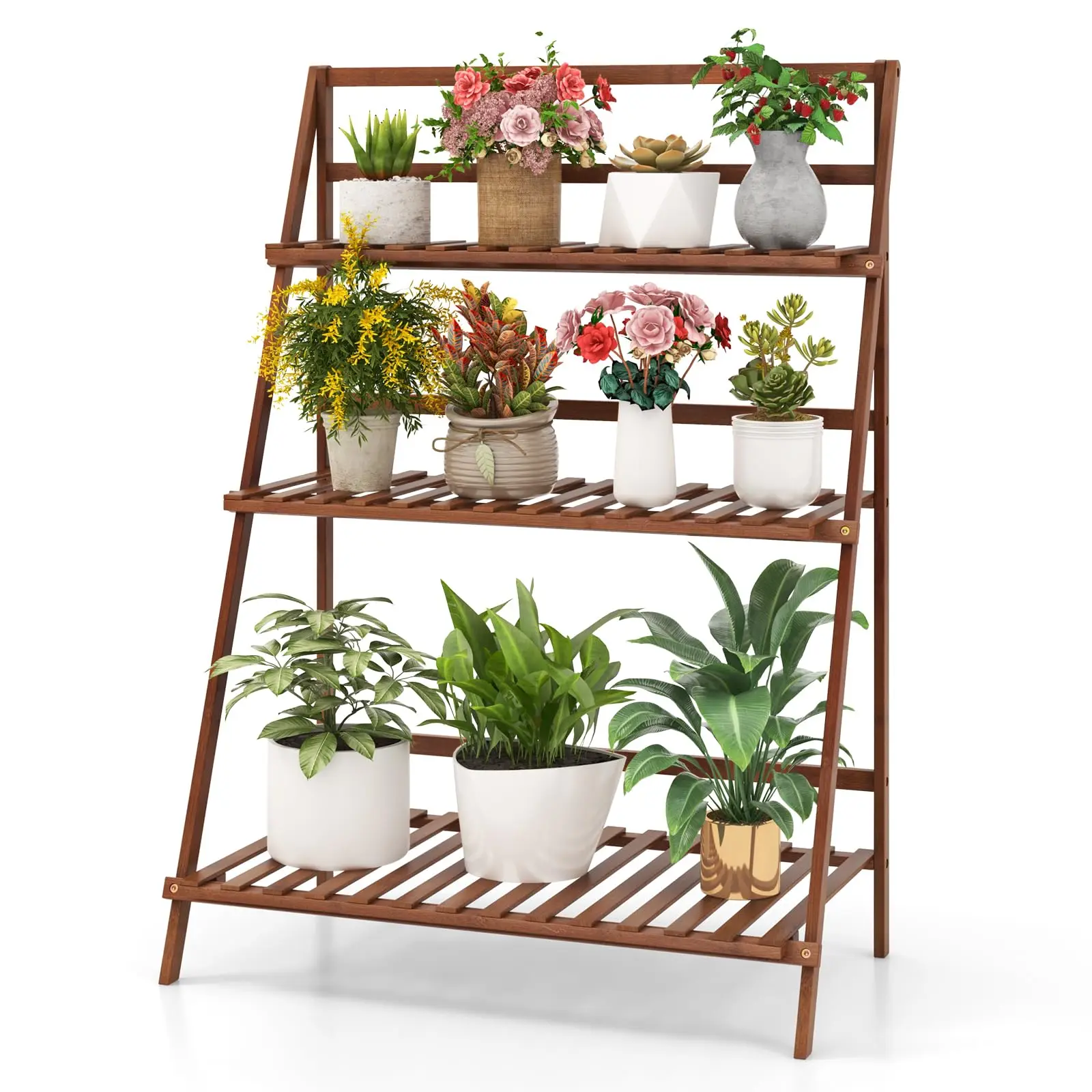 Bamboo Plant Stand, Foldable Multifunctional Flower Display Ladder Shelf, 3-Tier Storage Rack
