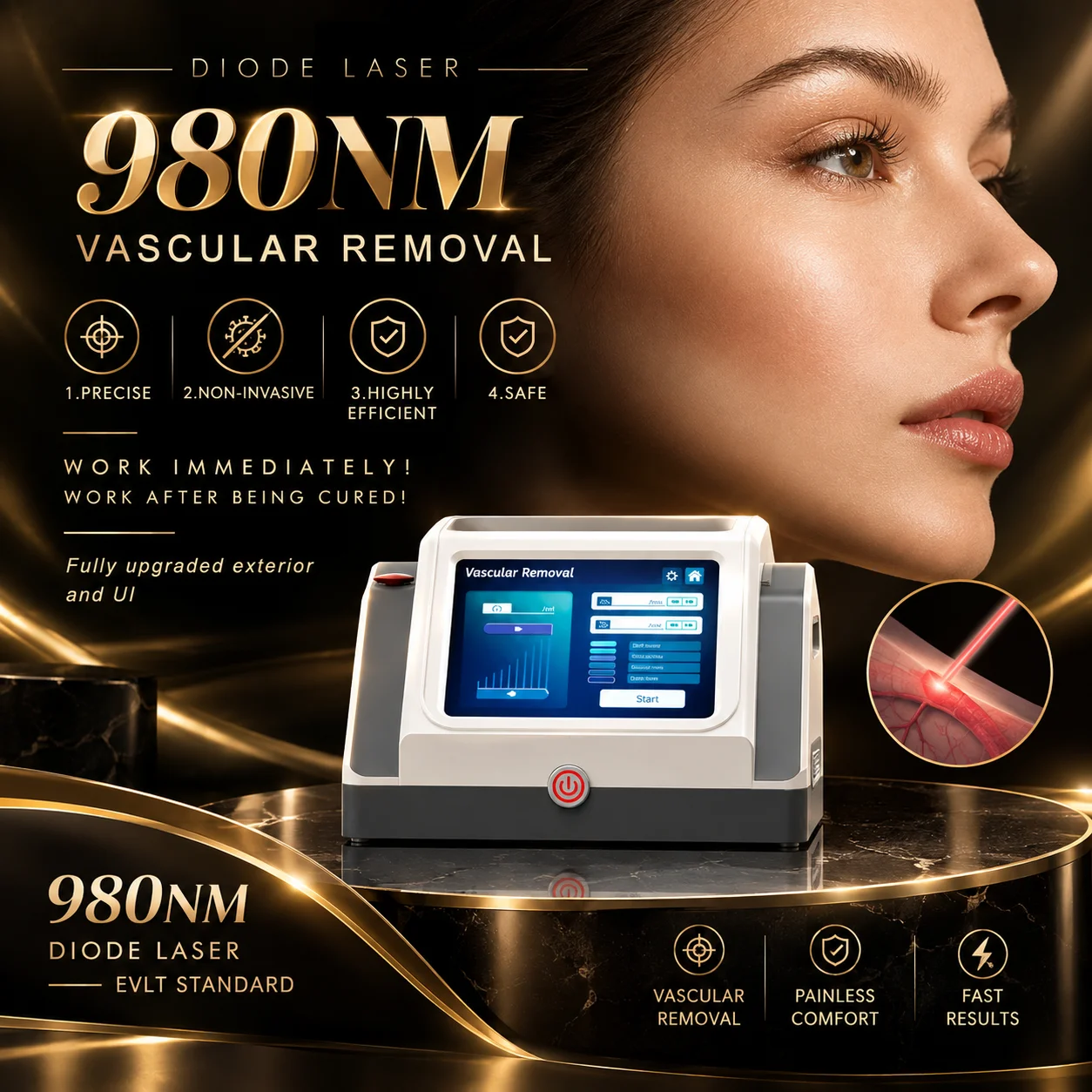 980nm Diode Laser Vascular Removal Machine, 20W, Non-Invasive Spider Vein and Red Blood Treatment, Salon-Grade，CE Certified