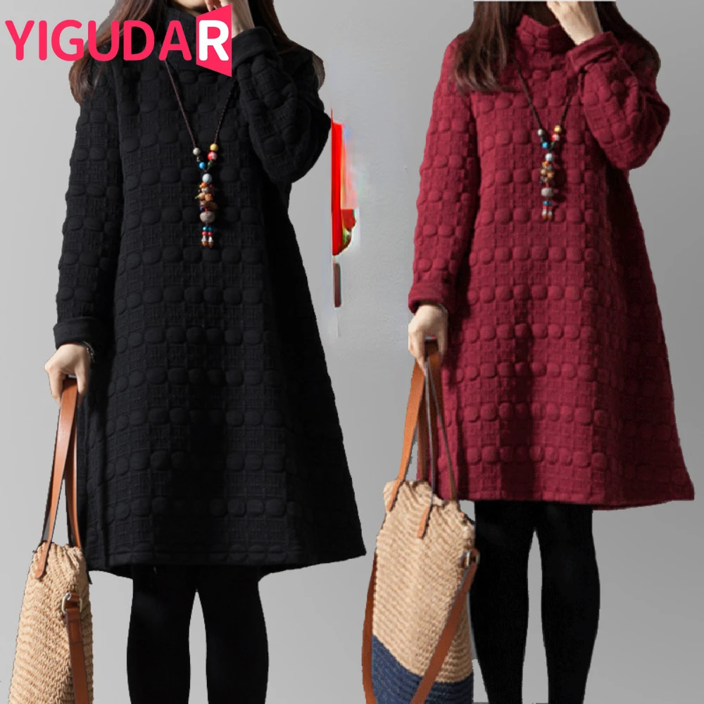 Vestidos holgados de cuello alto para mujer embarazada, ropa informal con estampado de lunares, Vestido de manga larga grueso y cálido para otoño e