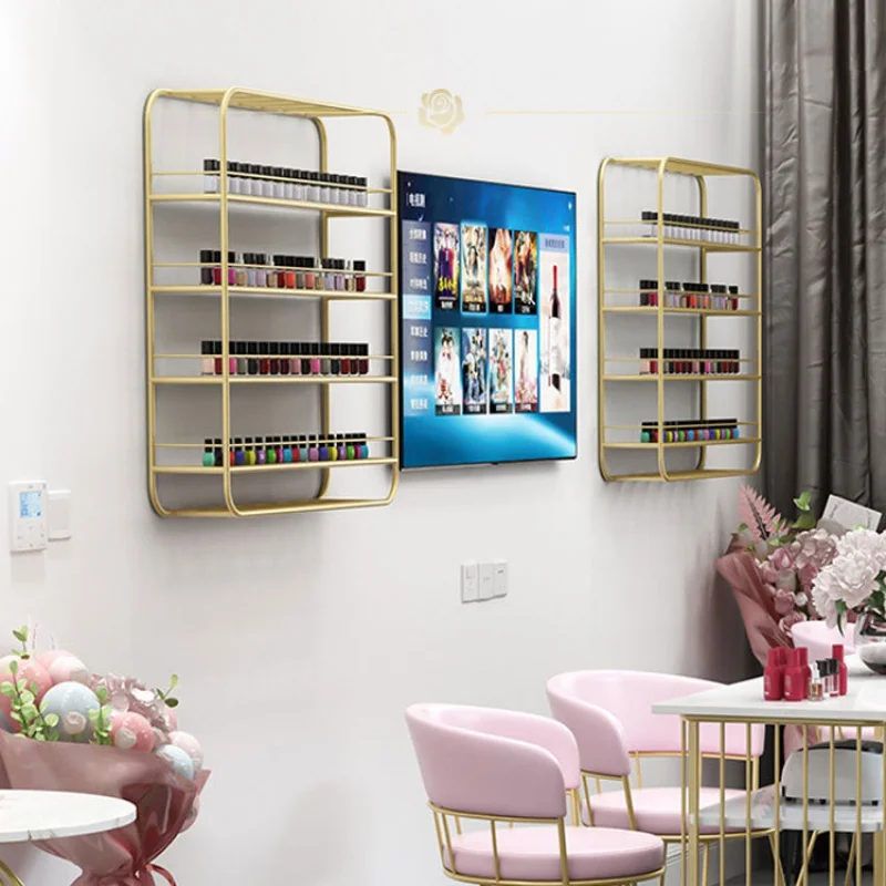 custom,Customized Gold Luxury Wall Mounted Nail Polish Display Rack Nail Salon Store Furniture