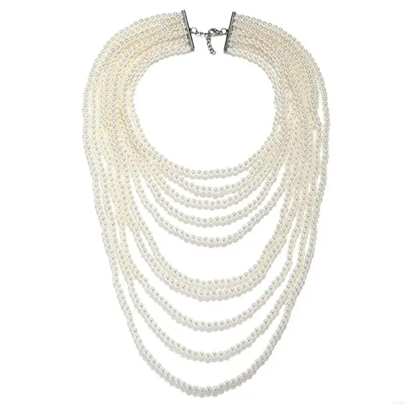 H58E Elegant Pearls Shawl Body Chain Hand Beading Collar Necklace for Stage Shows