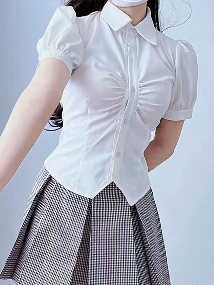 Zoki Preppy Style Jk Women Slim White Shirt Sexy Pleated Puff Sleeve Casual Tops Summer Japan Elegancka studencka bluzka z guzikami
