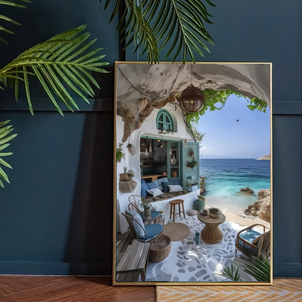 500pcs or 1000pcs Seaside Leisure Nook Jigsaw Puzzle - Mediterranean Beach House with White & Blue Coastal Scene, Challenging