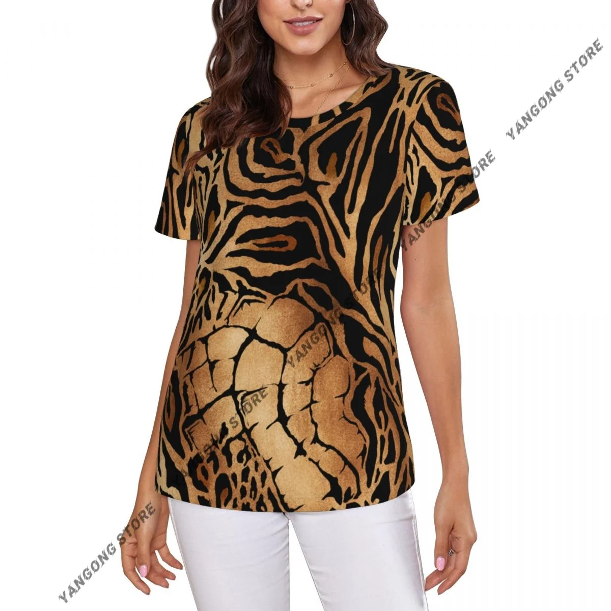 Women Short Sleeve Top Tiger Leopard And Crocodile Skin T-shirt Fashion Summer Female Tops Loose Round Neck T Shirt