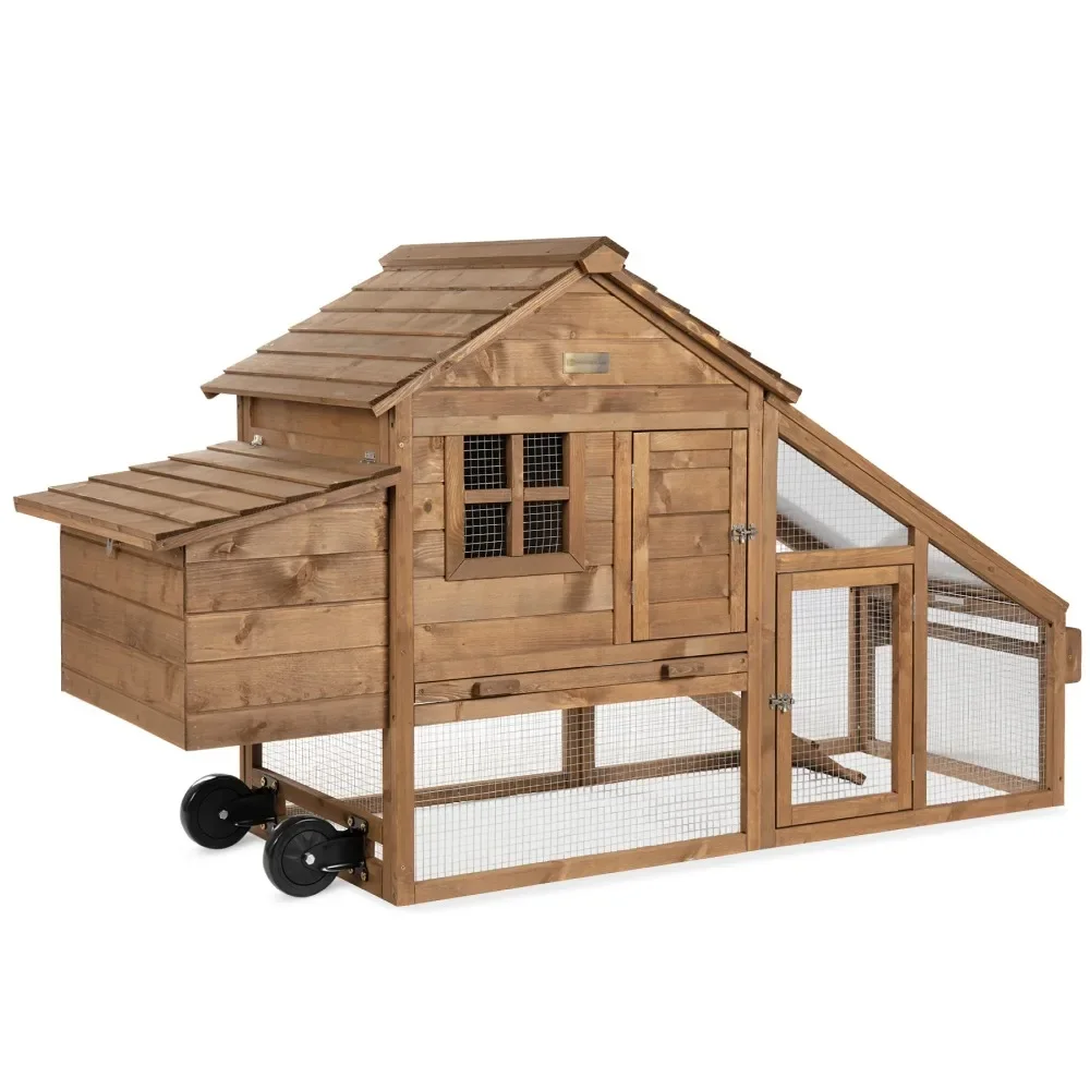 

70in Mobile Fir Wood Chicken Coop Tractor Hen House W/ Wheels, 2 Doors, Nest Box, Removable Tray, Chicken Cages