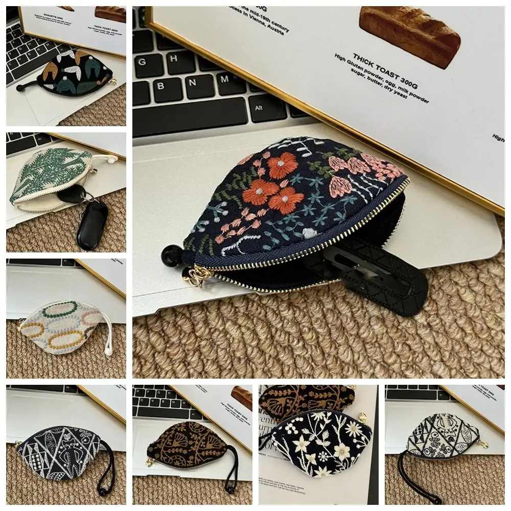 Portable Ethnic Style Coin Purse Flower Card Holder Pull Type Key Bag Zipper Pouch Cotton Linen Cute Zero Wallet Girls