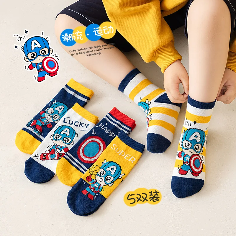 

5 Pairs Marvel Kids Socks Kawaii New Fall Winter Cartoon Boy Children Mid-calf Socks Cotton Sock for 1-12 Years Gift