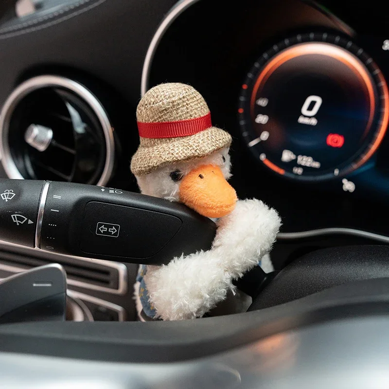 Cute straw hat duck car hanging decoration plush doll decoration girl creative birthday gift car accessories for women