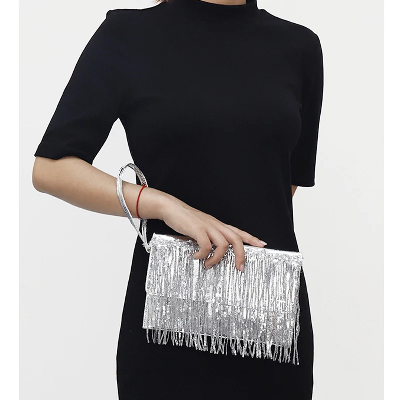 Design Luxury Handbags Silver Sequin Rhinestone Tassel Women Small Wallets Bags Chain Elegant Ladies Party Evening Clutch Purse
