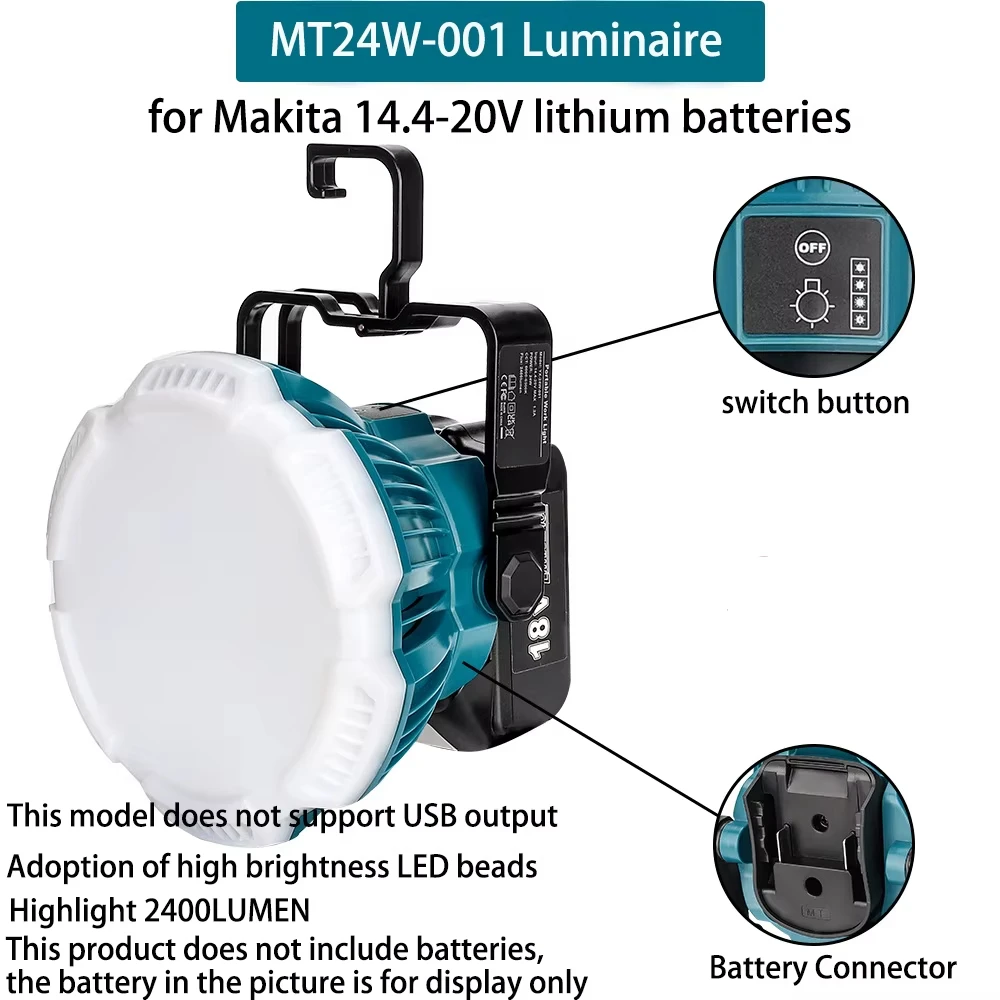 2400LM LED Work Light Portable Camping Light for Makita 18V Li-Ion Batteries for Camping, Auto Repair and Emergency Lighting