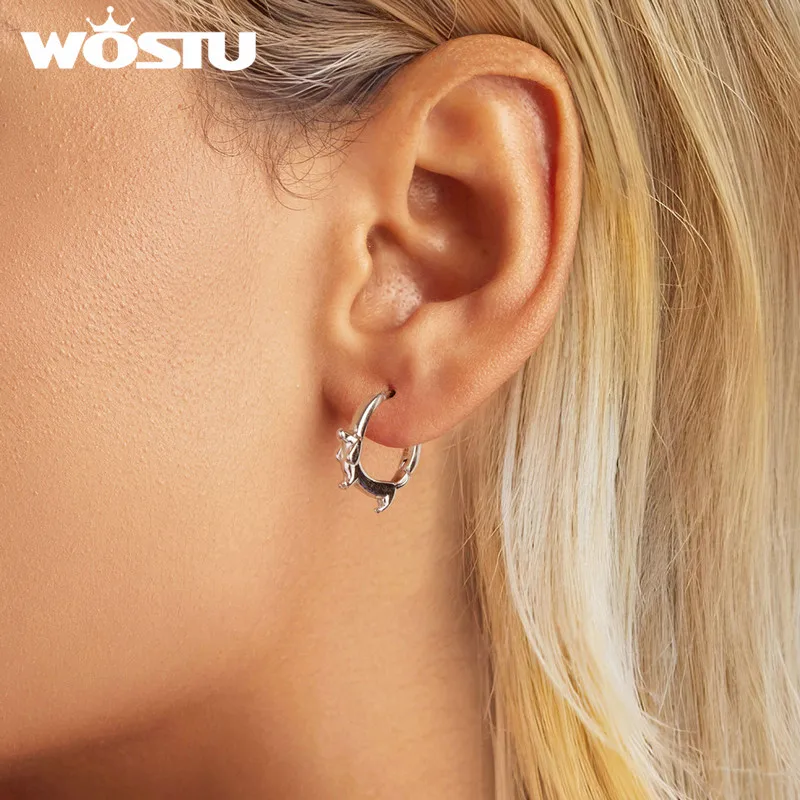 WOSTU Solid 925 Sterling Silver Cute Dachshund Cat Hoop Earrings Women Whale Earring Animal Ear buckle Girl Party Birthday Gift