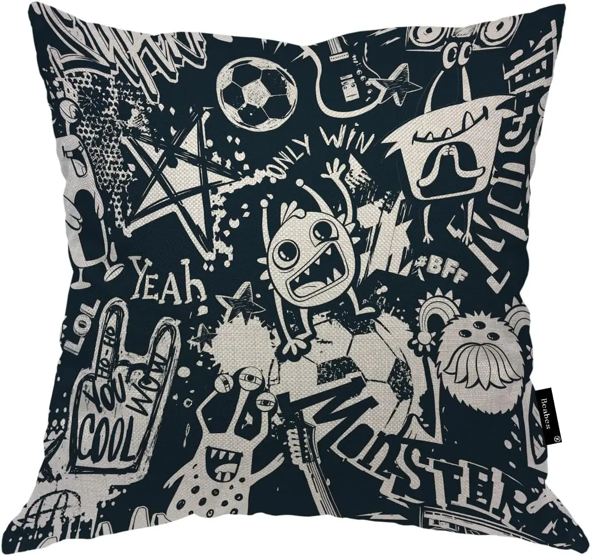 

Graffiti Throw Pillow Cover,Monster Character Soccer Ball Soft Square Cushion Case Covers Home Decor for Couch Sofa Bedroom Car