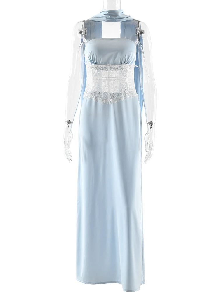 XIAOTANG Schalkragen, schulterfrei, sexy Maxikleid für Damen, elegante Spitze, durchsichtig, trägerlos, ärmellos, rückenfrei, figurbetont, Clubkleid