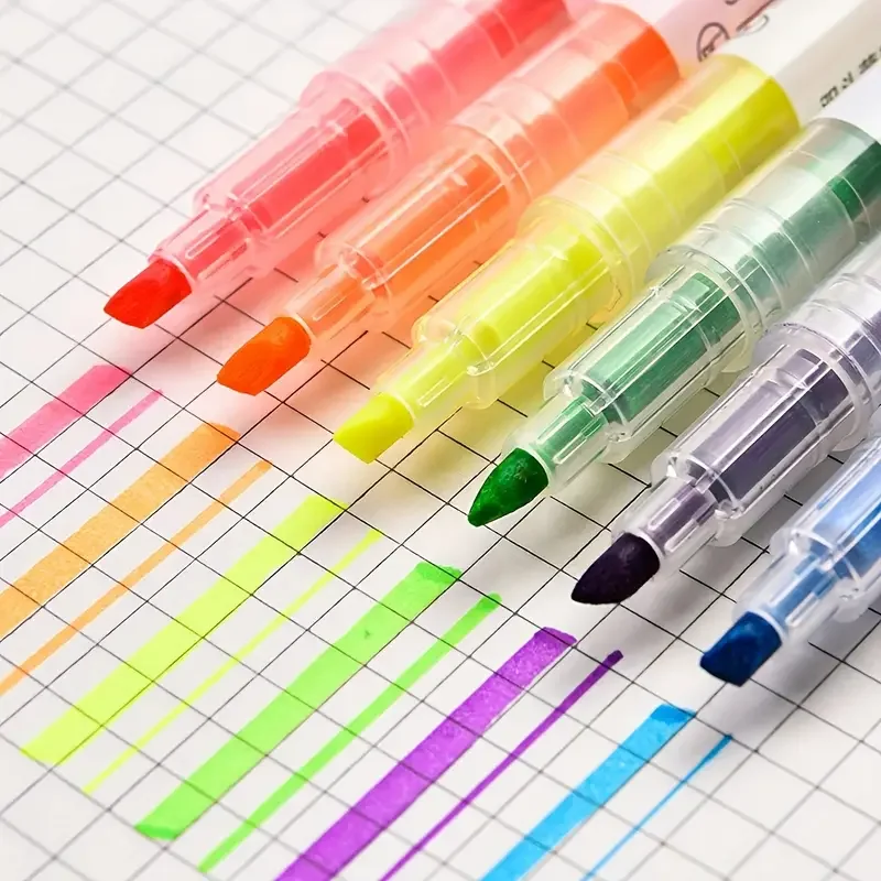 6Colors Dual-ended Marker Highlighters, Slim and Chisel Tips, for Organized Note-taking and Textbook Marking