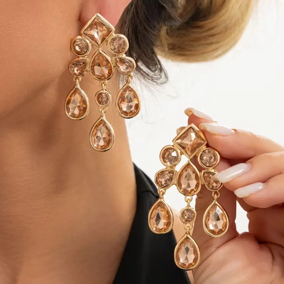 KunJoe Trendy Exquisite Acrylic Rhinestone Tassel Drop Earrings Woman Vintage Gold Color Piercing Dangle Earring Wedding Jewelry