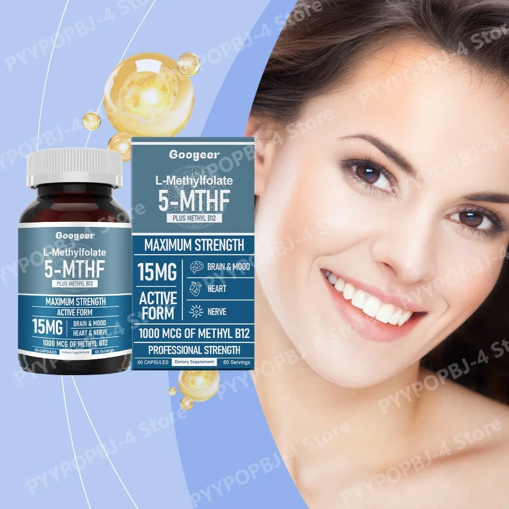 

Капсулы Googeer L-метилфолат 5-MTHF с метил-витамином B12 - 15 мг активного фолата для поддержки мозга, настроения, сердца и нервной системы, 60 капсул