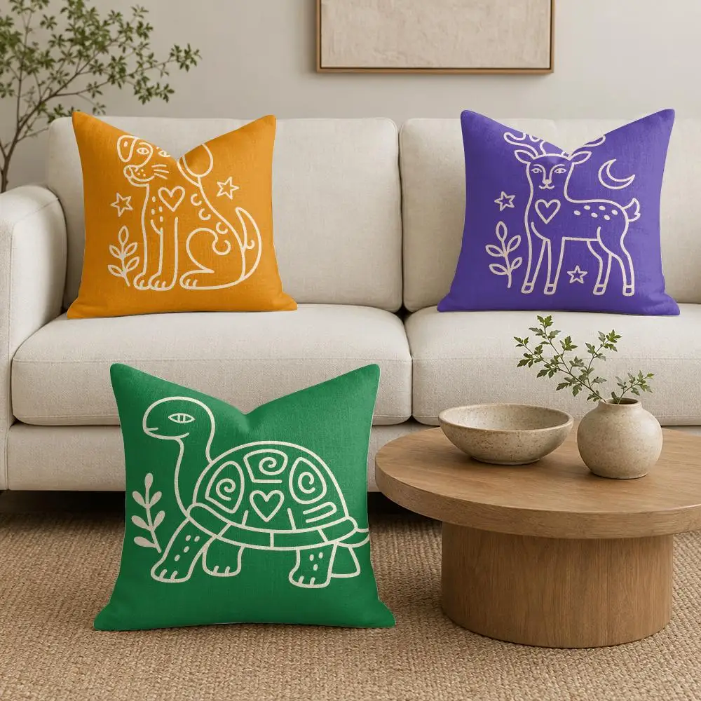 Colorful Animal Line Art Cushion Cover Linen Double-Sided Printed Pillow Case for Sofa Couch Bedroom Living Room