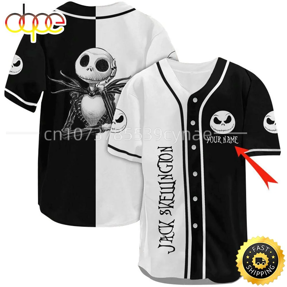 Custom Name Nightmare Before Christmas Jack Skellington Baseball Jersey Men\'s Women\'s Short Sleeve Jersey Disney Baseball Jersey