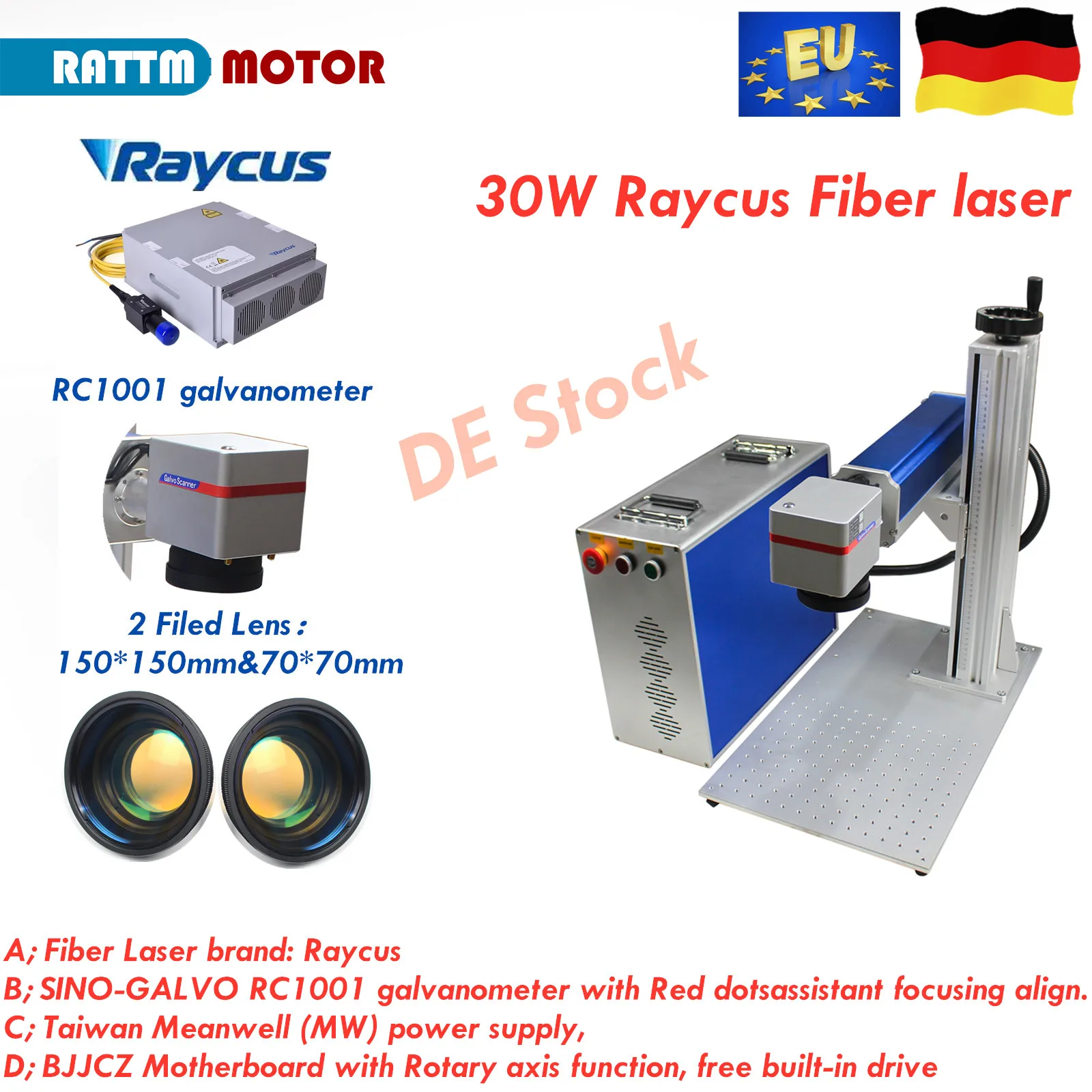 

【EU Ship】Split Type 30W 50W Raycus Fiber Laser Marking Machine Rotary Axis Metal Engraving 150x150mm Lens Double Red Light Head