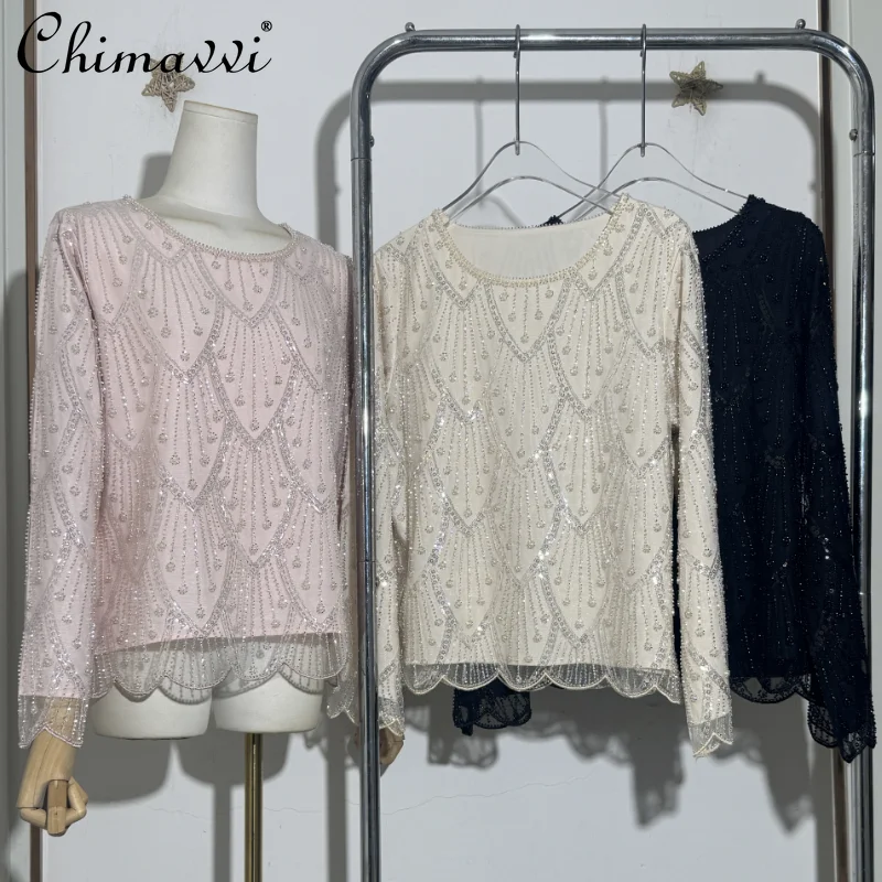 

Fashion 2025 Autumn New Heavy Beaded Sequin Pearl Women's Long Sleeve T-Shirt Round Neck Stage Streetwear Luxury Pullover Top