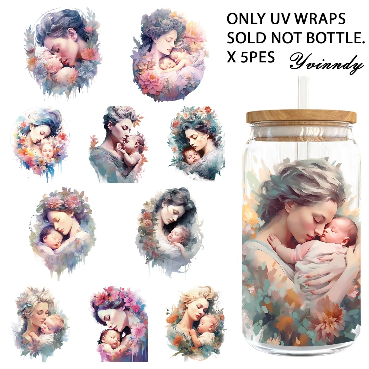 

5PCS/Set Of 16OZ Mother's Day Theme Gentle Mom Design UV DTF Suitable For Mugscoration Gift Makers (Excluding Cups)