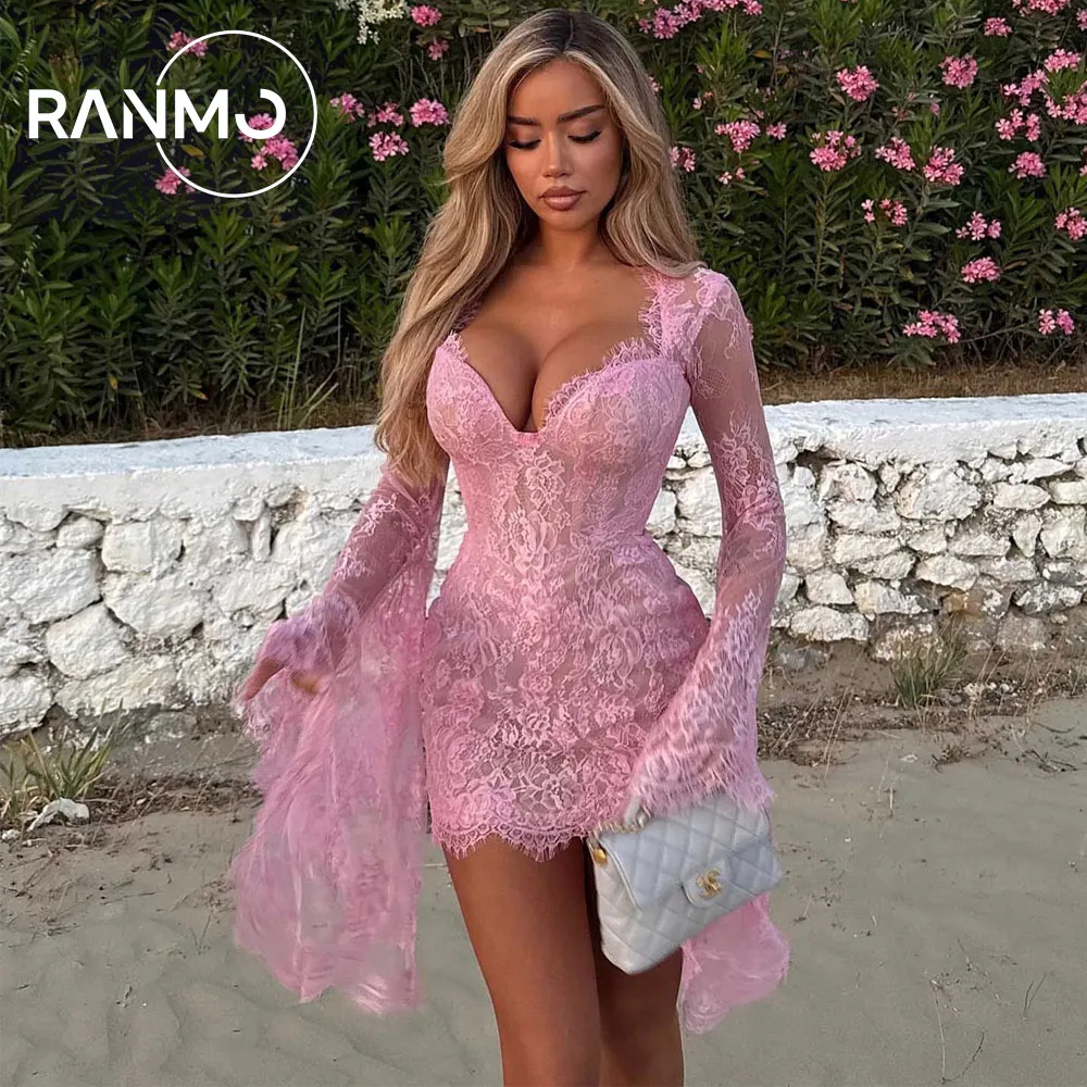 

Ranmo Chic Lace Appliques Prom Dresses Beach Mini Luxurious Party Dress Sweetheart Pink Long Sleeves Special Occasion Customized