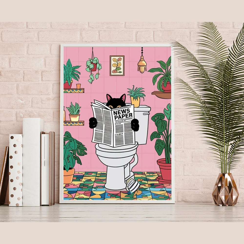 Funny Black Cat on the Toilet Art Print Pink Bathroom Posters Cat Reading a News Paper Tropical Plants Pictures Home Decoration