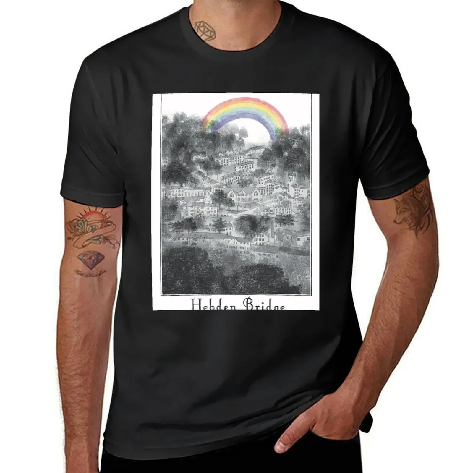 Hebden Bridge Poster - monochrome T-Shirt tops shirts graphic tee oversized t shirts for men