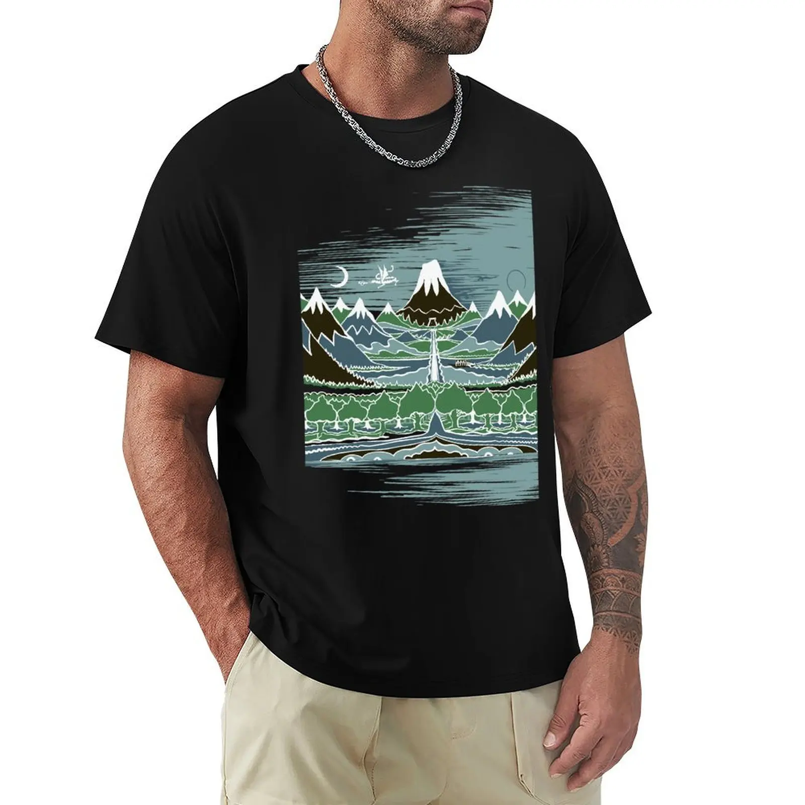 

A Halflings journey on a mountain path through an elven wood in the style T-shirt blacks oversizeds mens graphic t-shirts pack