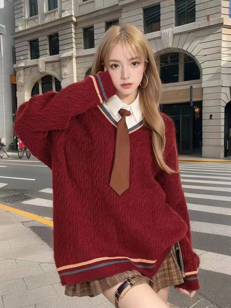 Suéter de Punto con Cuello en V Color Vino Tinto Navideño, Moda Femenina 2023, Nuevo Estilo Retro de Otoño Invierno, Top con ...