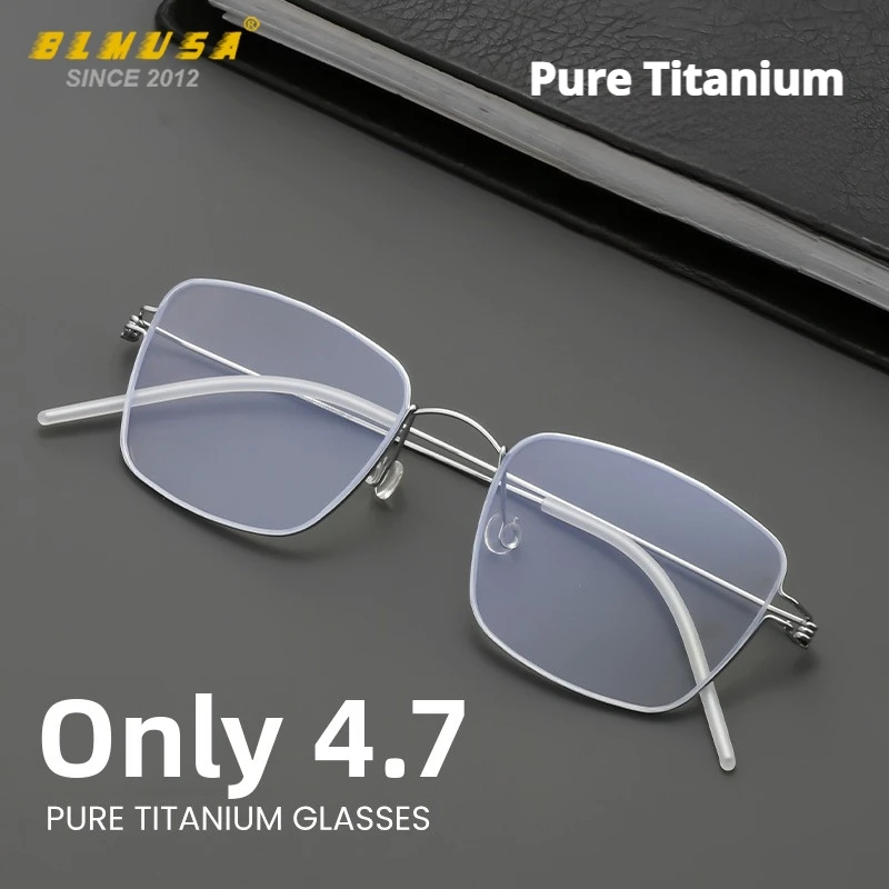 

BLMUSA (L) Men Simple Square Pure Titanium Anti Blue Light Prescription Glasses Ultralight Myopia Optical Progressive Eyeglasses