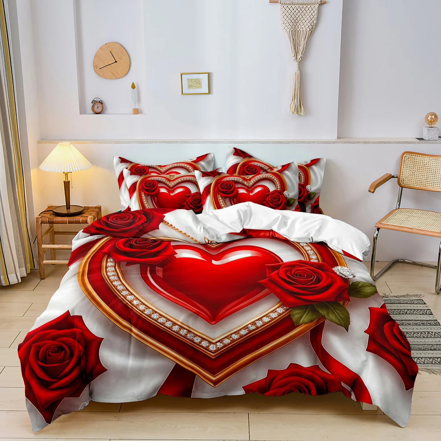 3 Pieces White Red Stripe Golden Diamond Border Red Heart Rose Duvet Cover Set, Classic Romantic Love Floral Art Print Bedding