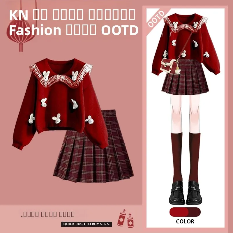 

Red Doll Collar Knitted Sweater And Plaid Pleated Skirt Two Piece Set for Women Winter New Arrival Faion Ensemble