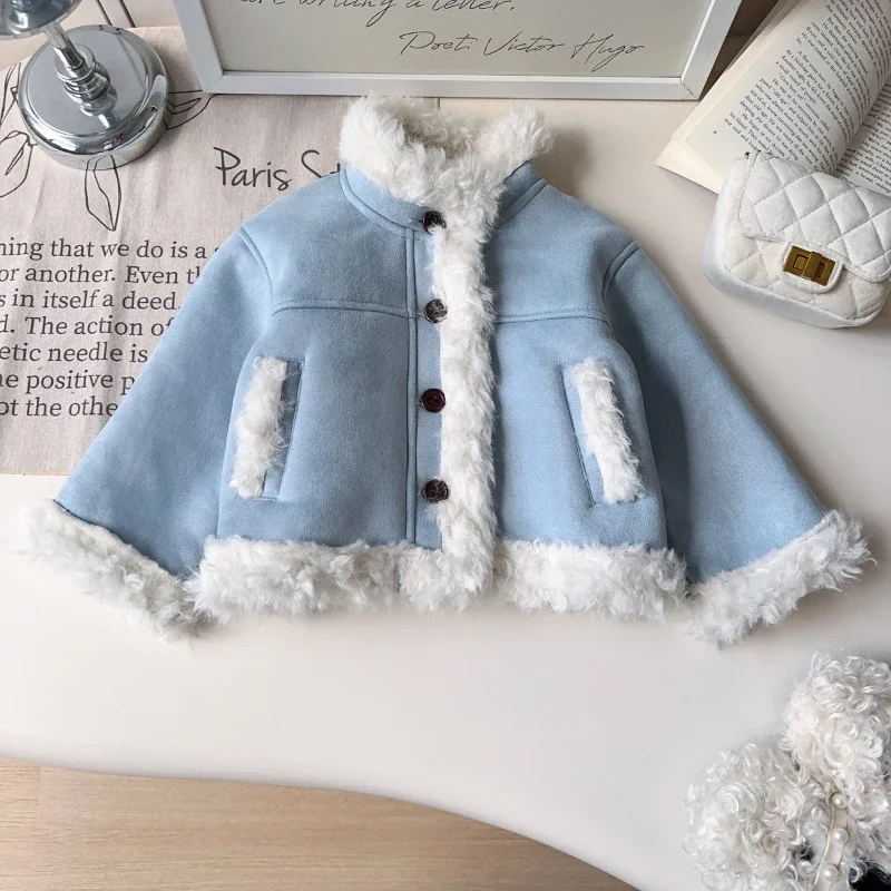Girls' Korean Style Coat  Winter New Style Girls' Fashionable Warm and Plush Fur Integrated Jacket