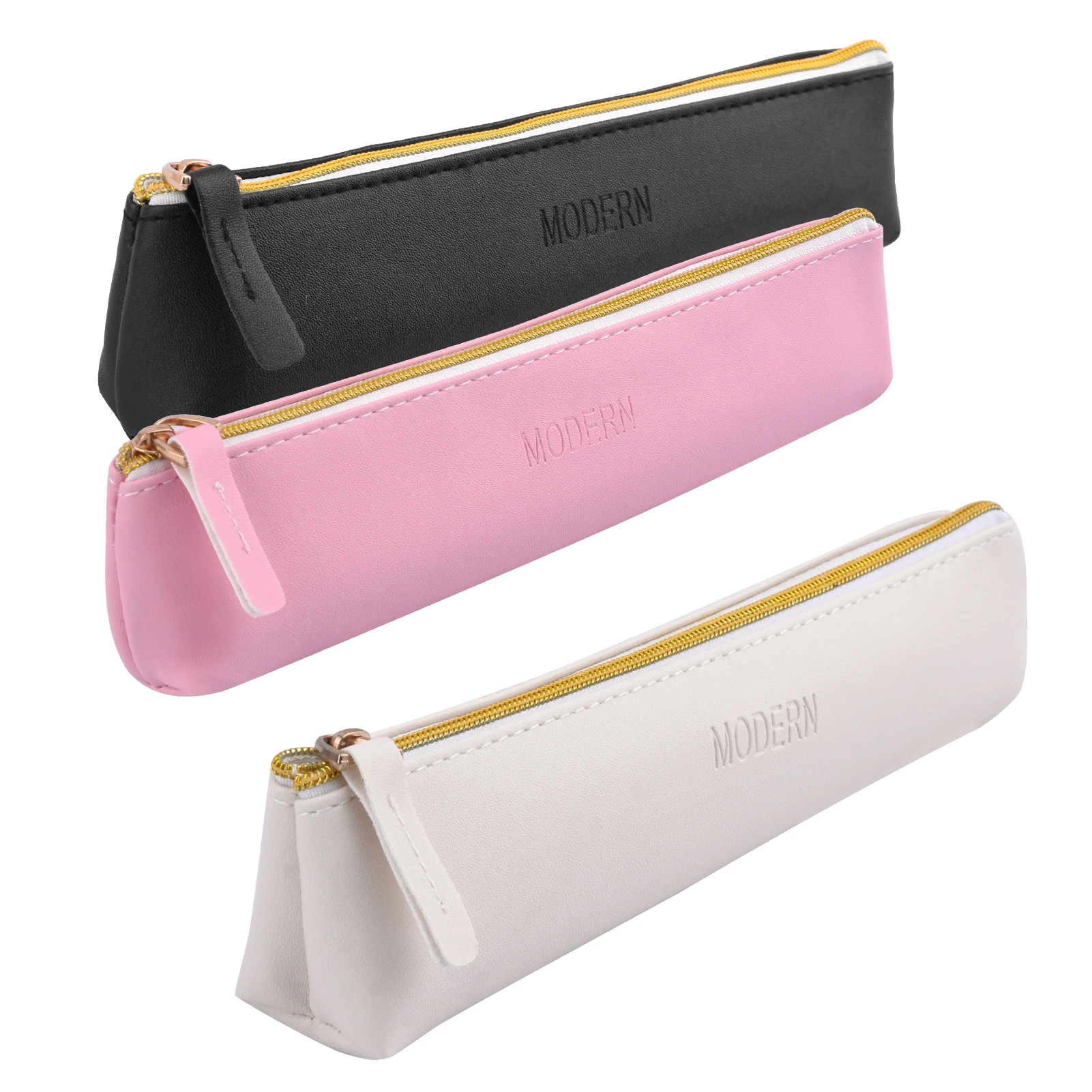 3ชิ้นกระเป๋านักเรียนโรงเรียนใส่ดินสอหนัง PU แบบพกพาความจุมากเครื่องเขียนกระเป๋าดินสอบางมีซิปอเนกประสงค์