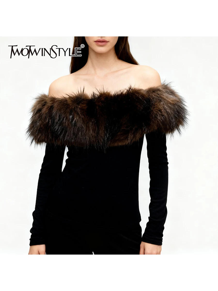 

TWOTWINSTYLE Solid Spliced Fur Collar Elegant T Shirts for Women Slash Neck Long Sleeves Short T Shirt Female Autumn Clothes New