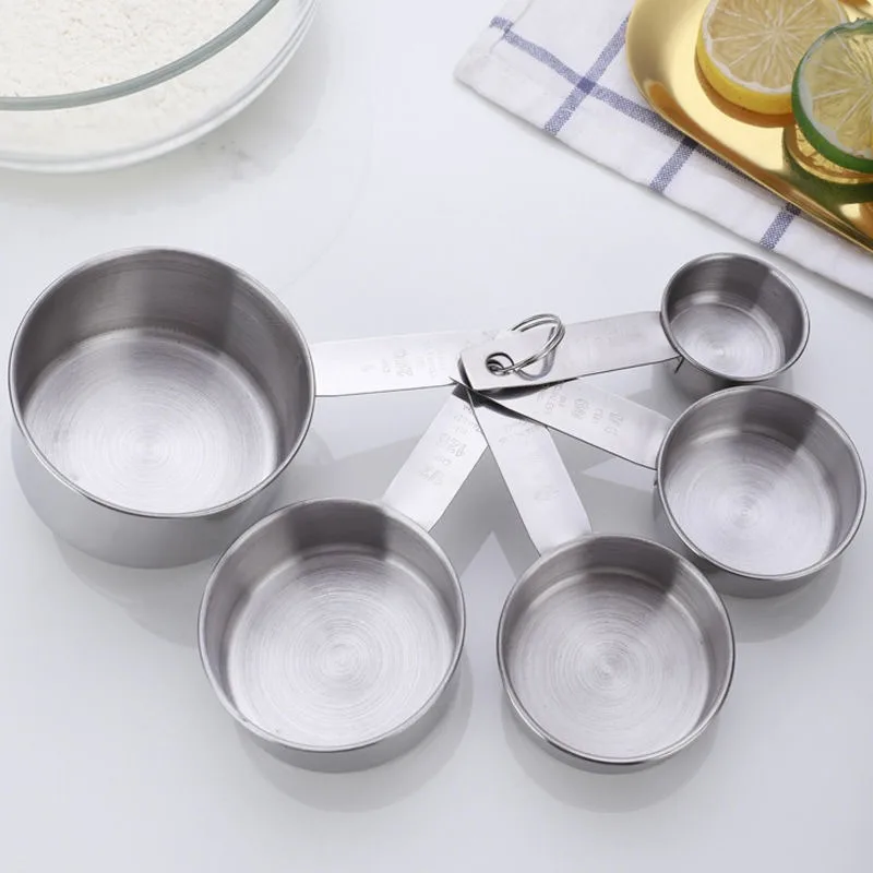 American Style Stainless Steel round Cup Set Baking Measurement Spoon Cup Tool Sauce Measurement Spoon Non-Fading Short Sleev...