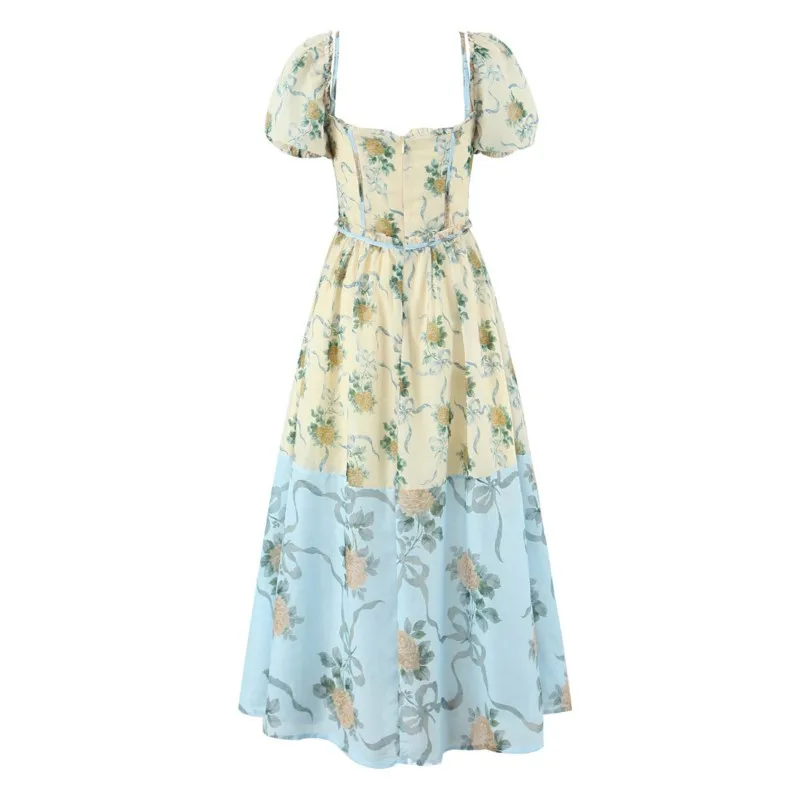 فستان بوهيمي عتيق فساتين بمزاجية 2025 فستان نسائي أنيق بأكمام منتفخة مطبوع عليه زهور عطلة ضيقة