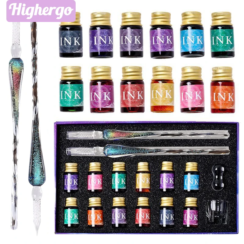 Highergo Caligrafia Conjunto De Caneta De Vidro, Caneta Crystal Dip, 12 Cores De Tinta, Escrita De Arte, Assinatura De Desenho, Crianças, Presentes De Artista, 16pcs por caixa