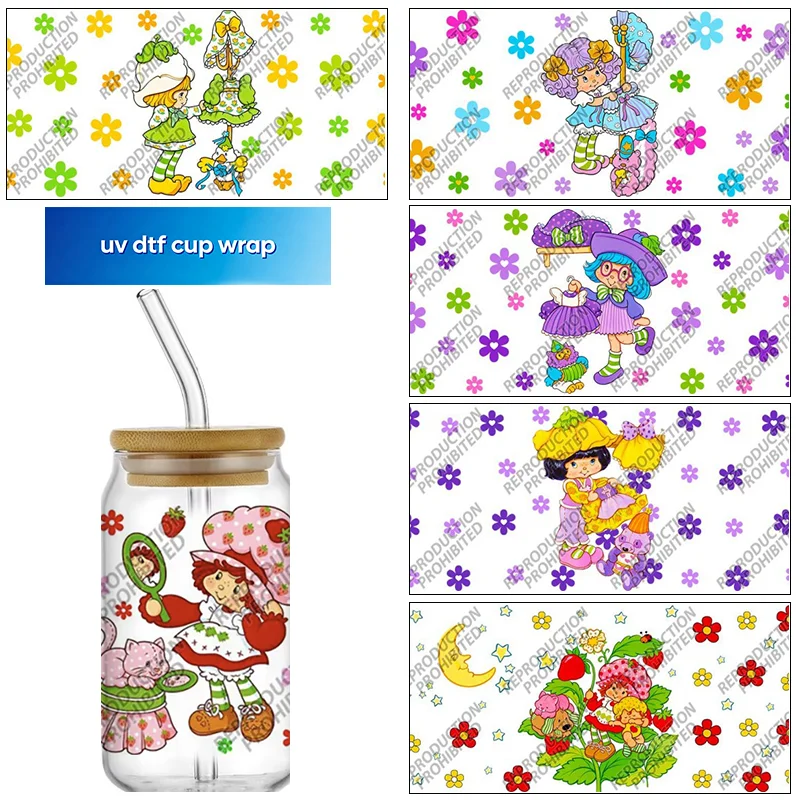 Cartoon Strawberry character UV DTF Cup Wrap Transfer Sticker for 16oz Glass Can DIY Decal Customized home decoration